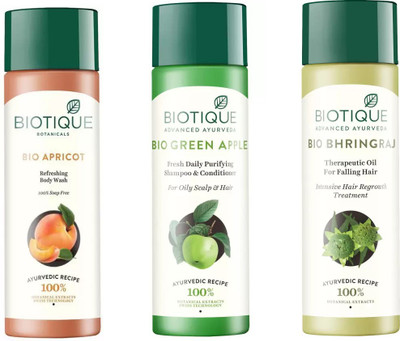 

BIOTIQUE BIO Apricot Refreshing Body Wash, Green Apple Fresh Daily Purifying Shampoo and Conditioner, Bhringraj Therapeutic Oil For Falling Hair(Set of 3)