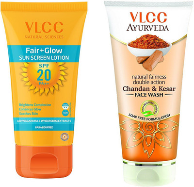

VLCC Fair glow sun screen Lotion spf 20 50ml + Chandan & Kesar face wash 100ml(Set of 2)
