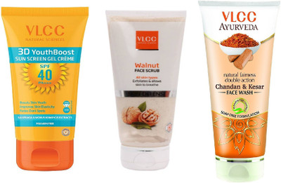 

VLCC 3D Boost Spf 40 sunscreen gel cream 50gm + Walnut scrub 80gm + Chandan & Kesar face wash 100ml(Set of 3)