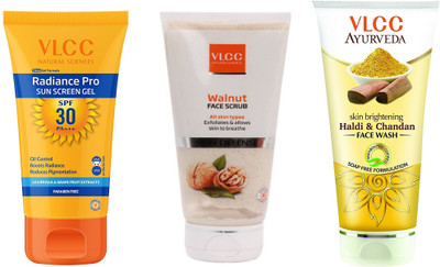 

VLCC Radiance pro Sunscreen gel Spf 30 50gm + Walnut scrub 80gm + Haldi chandan Fcae wash 100ml(Set of 3)