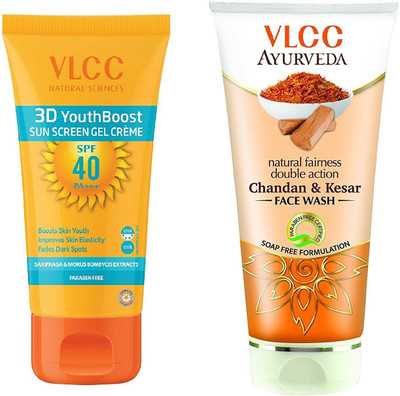 

VLCC 3D Boost Spf 40 sunscreen gel cream 50gm + Chandan & Kesar face wash 100ml(Set of 2)