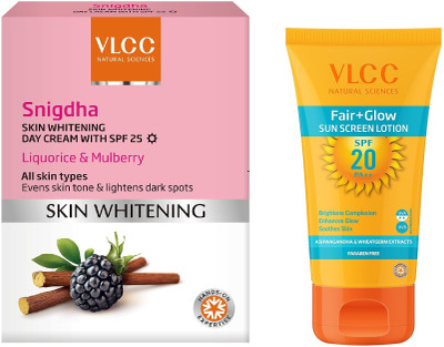 

VLCC Skin whitening snigdha day cream spf 25 50gm + Fair glow sun screen Lotion spf 20 50ml(Set of 2)