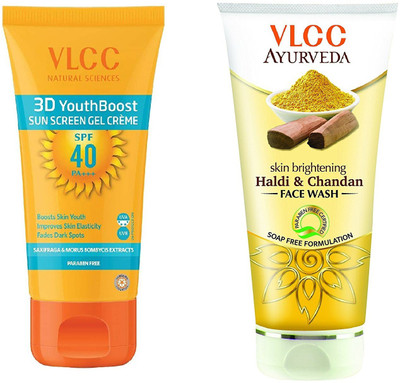 

VLCC 3D Boost Spf 40 sunscreen gel cream 50gm + Haldi chandan face wash 100ml(Set of 2)