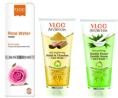 

VLCC Rose water toner 100ml + Haldi chandan face wash 100ml + Double power double neem face wash 100ml(Set of 3)