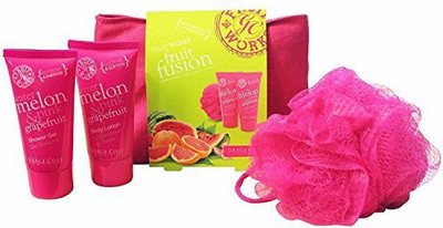 

Grace Cole Fruit Works 4-Pc Pink Bath Set: Shower Gel Body Lotion Puff Pouch(Set of 4)
