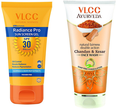 

VLCC Radiance pro Sunscreen gel Spf 30 50gm + Chandan & Kesar face wash 100ml(Set of 2)