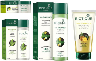 

BIOTIQUE BIO Pineapple Oil Control Foaming Face Wash, Morning Nectar Flawless Skin Moisturizer, Cucumber Pore Tightening Toner, Coconut Whitening & Brightening Cream(Set of 4)