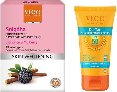 

VLCC Skin whitening snigdha day cream spf 25 50gm + De tan Spf 50 Sunscreen gel cream 100gm(Set of 2)