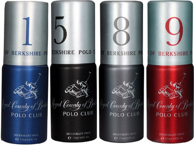 

Royal County of Berkshire Polo Club RCBPC Deo No-1, 5, 8 & 9 Deodorant Spray - For Men(700 ml, Pack of 4)