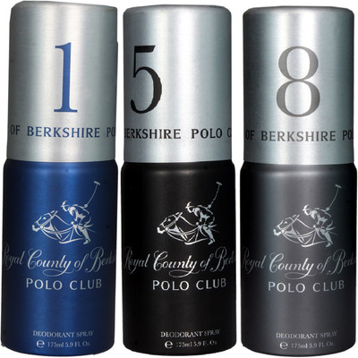 

Royal County of Berkshire Polo Club RCBPC Deo No-1, 5 & 8 Deodorant Spray - For Men(525 ml, Pack of 3)