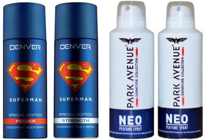 

Denver 1-1 PSC SUPERMAN POWER , STREGTH & P.V 2 PSC NEO Deodorant Spray - For Men(560 ml, Pack of 4)