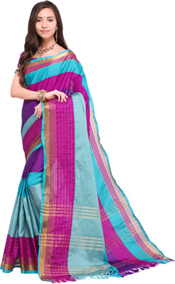 Ratnavati Striped, Solid/Plain Bollywood Silk Blend, Cotton Blend Saree(Purple, Light Blue)