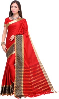 Ratnavati Striped, Solid/Plain Bollywood Silk Blend, Cotton Blend Saree(Red)