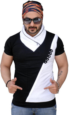 

Black Collection Solid Men's Flap Collar Neck Black T-Shirt