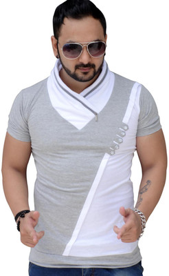 

Black Collection Solid Men's Flap Collar Neck Grey T-Shirt