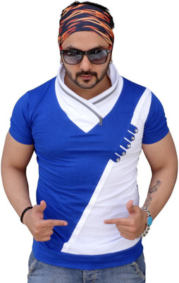 

Black Collection Solid Men's Flap Collar Neck Blue T-Shirt