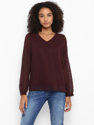HARPA Casual Full Sleeve Self Design Women Maroon Top