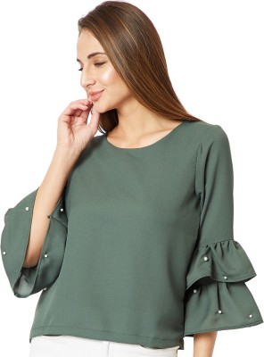 Miss Chase Casual Bell Sleeve Solid Women Green Top