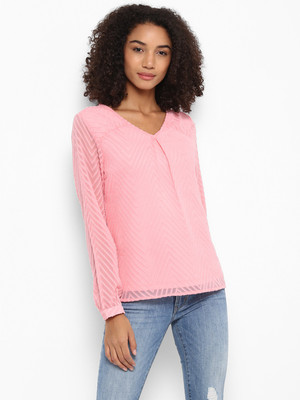 HARPA Casual Full Sleeve Self Design Women Pink Top