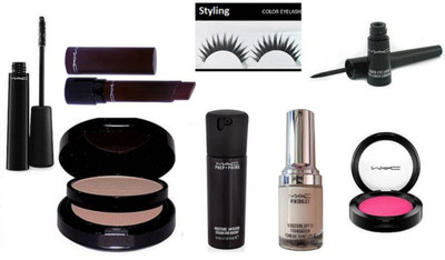 

styling Eyelashes, Mascara, Eyeliner, Mineralize SPF 15 Foundation, Face Serum, Blusher Compact, Dark Brown Shade Lipstick, 2 Way Compact Of Mac(Set of 8)