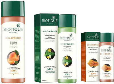 

BIOTIQUE BIO Apricot Refreshing Body Wash, Cucumber Pore Tightening Toner, Honey Gel Refreshing Foaming FaceÂ cleanser(Set of 3)