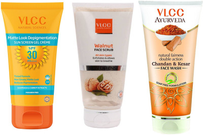 VLCC Matte look depigmentation sunscreen gel cream SPF 30 50gm + Walnut scrub 80gm + Chandan & Kesar face wash 100ml(Set of 3)