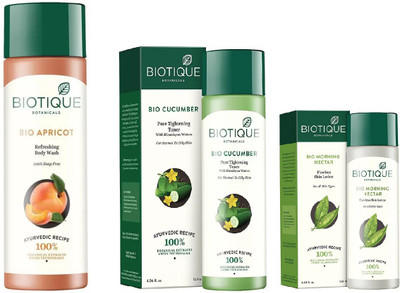 

BIOTIQUE BIO Apricot Refreshing Body Wash, Cucumber Pore Tightening Toner, Morning Nectar Flawless Skin Moisturizer(Set of 3)