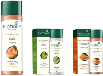 

BIOTIQUE BIO Apricot Refreshing Body Wash, Morning Nectar Flawless Skin Moisturizer, Honey Gel Refreshing Foaming FaceÂ cleanser(Set of 3)