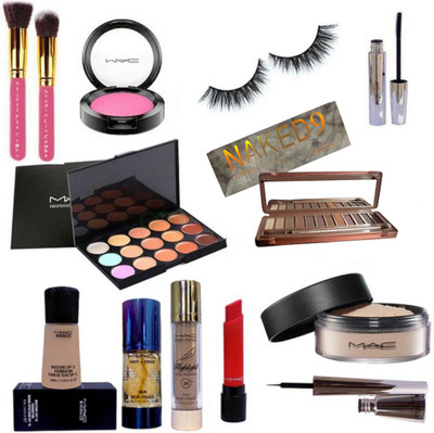 

Studio Fix Combo Make up Brush (Set Of 2) With Naked 9 Eyeshadow Palette, Mac 1 Shade Blusher, Loose Powder, Brook Candy Eyeliner +Mascara, Prep+Prime Skin Base Visage Face Primer & Highlight Pearl Radiance Skin Base Visage Face, Liquid Foundation, Eyelas