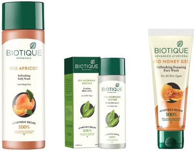 

BIOTIQUE BIO Apricot Refreshing Body Wash, Morning Nectar Flawless Skin Moisturizer, Honey Gel Face Wash(Set of 3)