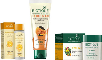 

BIOTIQUE BIO Sandalwood Ultra Soothing Face Lotion 50+ SPF UVA/UVB, Honey Gel Face Wash, Fruit Whitening & Depigmentation Face Pack(Set of 3)