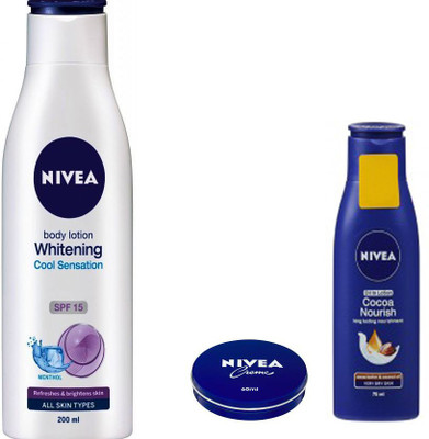 

Nivea WHITENING COOL SENSATION BODY LOTION 200 ML+COCOA NOURISH OIL IN LOTION 75 ML+CREME 60 ML(200 ml)