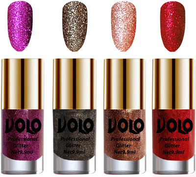 Volo Professionally Used Glitter Shine Nail Polish Combo Pack of 4 Purple Glitter, Dark Grey Glitter, Peach Glitter, Red Glitter(Pack of 4)