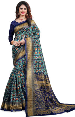 AJS Printed, Geometric Print, Applique Assam Silk Poly Silk Saree(Green)