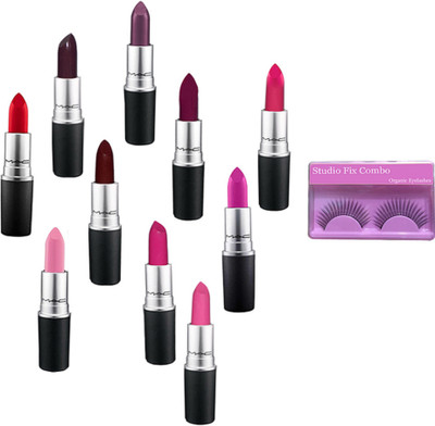 

Studio Fix Combo Eyelashes&Mac Matte Pack of 10 Big Combo Lipstick(Set of 11)