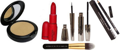

studio fix combo Makeup Brush&Mac Studio Fix Compact & Giambattista Red Shade Lipstick & Pencil Crayon Khol Kajal & Brooke Candy Eyeliner & Mascara(Set of 6)