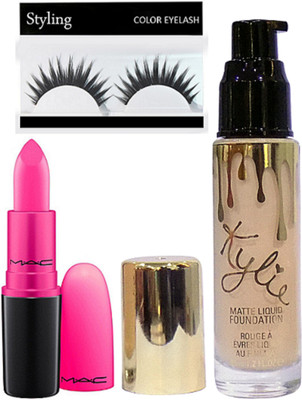 styling Eyelashes & Kylie matte liquid foundation , Mac candy yum yum lipstick(Set of 3)