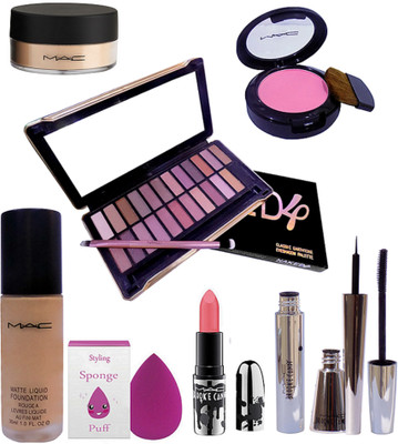 

styling Sponge puff & Naked 4 Eyeshadow palette 24 shades &Mac Matte liquid foundation & Mac pink shade blusher & Mac loose powder, Brooke candy lipstick with Eyeliner & mascara(Set of 8)