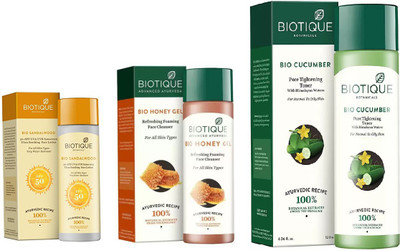 

BIOTIQUE BIO Sandalwood Ultra Soothing Face Lotion 50+ SPF UVA/UVB, Honey Gel Refreshing Foaming Face cleanser , Cucumber Pore Tightening Toner(Set of 3)