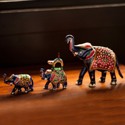 ExclusiveLane Meenakari Royal Blue Metal Elephant Family Hand Enamelled Decorative Showpiece - 13 cm(Iron, Multicolor) ExclusiveLane Meenakari Royal Blue Metal Elephant Family Hand Enamelled Decorative Showpiece - 13 cm(Iron, Multicolor)