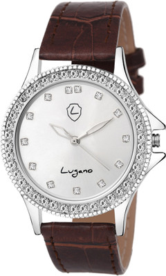 

Lugano LG 2064 Gorgeous Silver Gem Studded Dial With Leather Strap Watch - For Girls