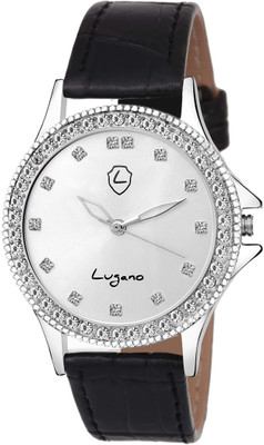 

Lugano LG 2065 Gorgeous Silver Gem Studded Dial With Black Leather Strap Watch - For Girls