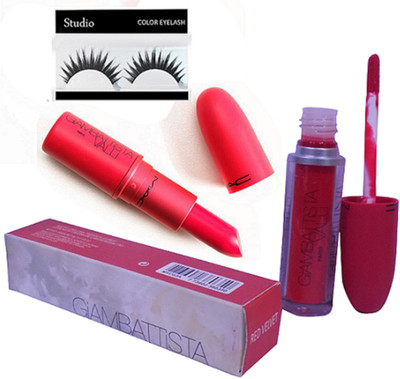 

studio Eyelashes, Mac Giambattista Valli Vegas Volt Matte Finish Lipstick With Liquid Red Velvet Lip Gloss(Set of 3)
