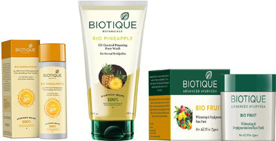 BIOTIQUE BIO Sandalwood Ultra Soothing Face Lotion 50+ SPF UVA/UVB, Pineapple Oil Control Foaming Face Wash, Fruit Whitening & Depigmentation Face Pack(Set of 3)