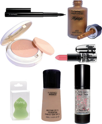 

styling Sponge puff & Mac Mineralize Moisture Spf 15 foundation & Mac Prep+Prime skin base visage highlighter& Primer & Mac pen Eyeliner & Mac lightful Marine Bright compact , Brooke Candy lipstick(Set of 7)