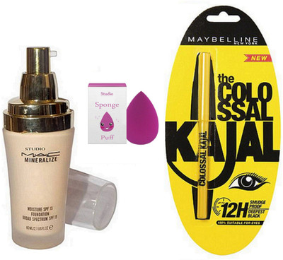 

studio Of Sponge Puff, Mac BB Hyper Real Liquid Foundation & Colossal Kajal of Maybelline(Set of 3)