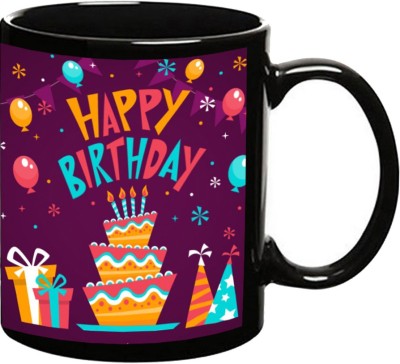 MUGKIN Happy Birthday printed ceramic mug Black S192 Ceramic Coffee Mug(350 ml)