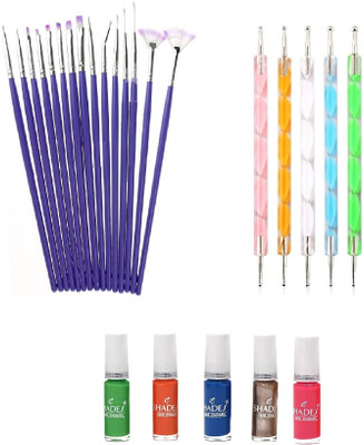

Royalkart Exclusive 15 Pcs Nail Art Brush Set & 5 Pcs Double-Sided Dotting Tool With 5 Bottles Nail Polish Set Gift For Girl Women(Multicolor)