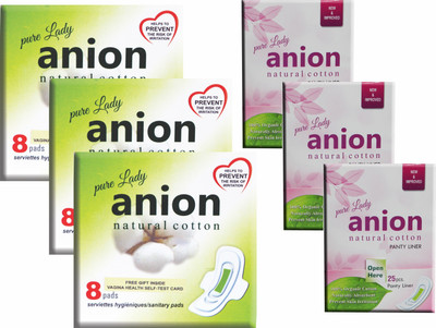 

Happy Time Combo "Pure Anion" Sanitary Pad (8 pads) X 3 pkts & "Pure Anion" Panty Liner (25 PL) X 3 pkts" Sanitary Pad(Pack of 99)