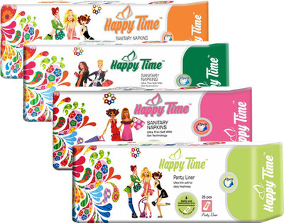 

Happy Time Combo 240 Regular Sanitary Pads (8 pcs) 320 Ultra Sanitary Pads (6 pcs) 320 Maxi Sanitary Pads (7 pcs) Panty Liner (25 pcs) Sanitary Pad(Pack of 46)